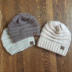 3 C.C beanie hats taupe cream ivory slouchy bundle